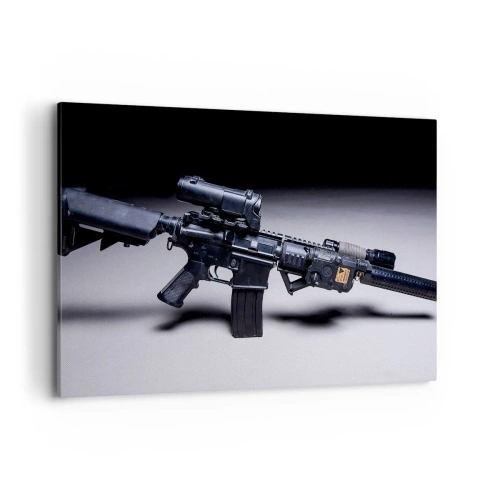 Cuadro sobre lienzo - Impresión de Imagen - Un rifle moderno en negro sobre un fondo oscuro. - 100x70cm - Un caballero oscuro - Decoración de pared moderna para salón y dormitorio ARTTOR