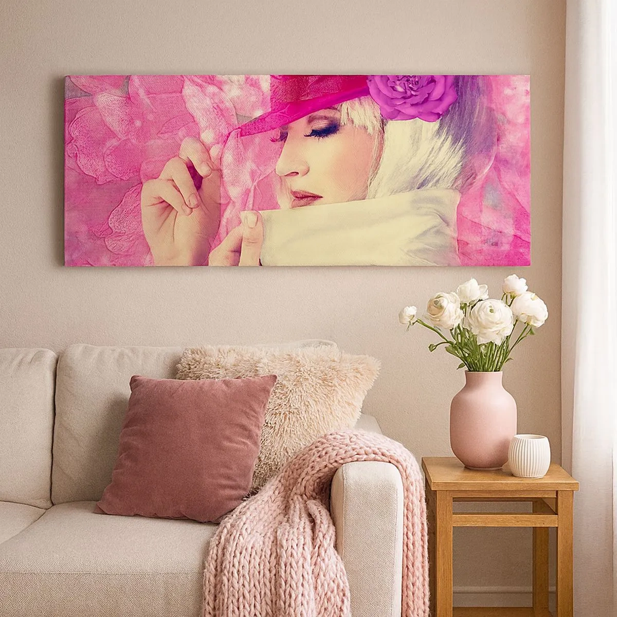 Cuadro sobre lienzo - Impresión de Imagen - Retrato retro en rosa - 100x40 cm