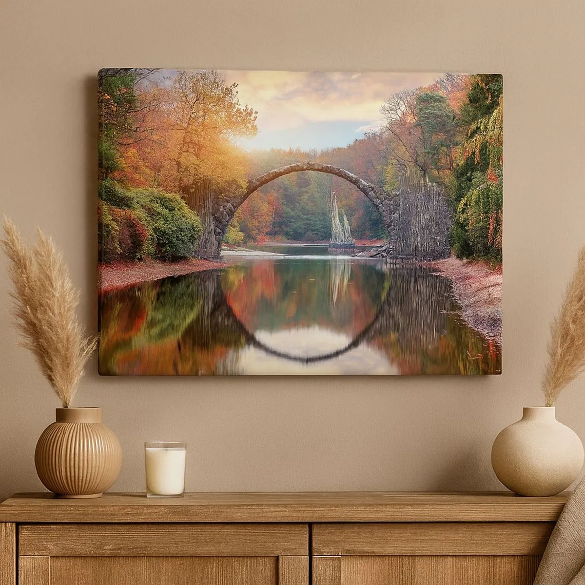 Cuadro sobre lienzo - Impresión de Imagen - Un puente de piedra en un paisaje otoñal sobre aguas tranquilas. - 70x50cm - Al otro lado del espejo - Decoración de pared moderna para salón y dormitorio ARTTOR