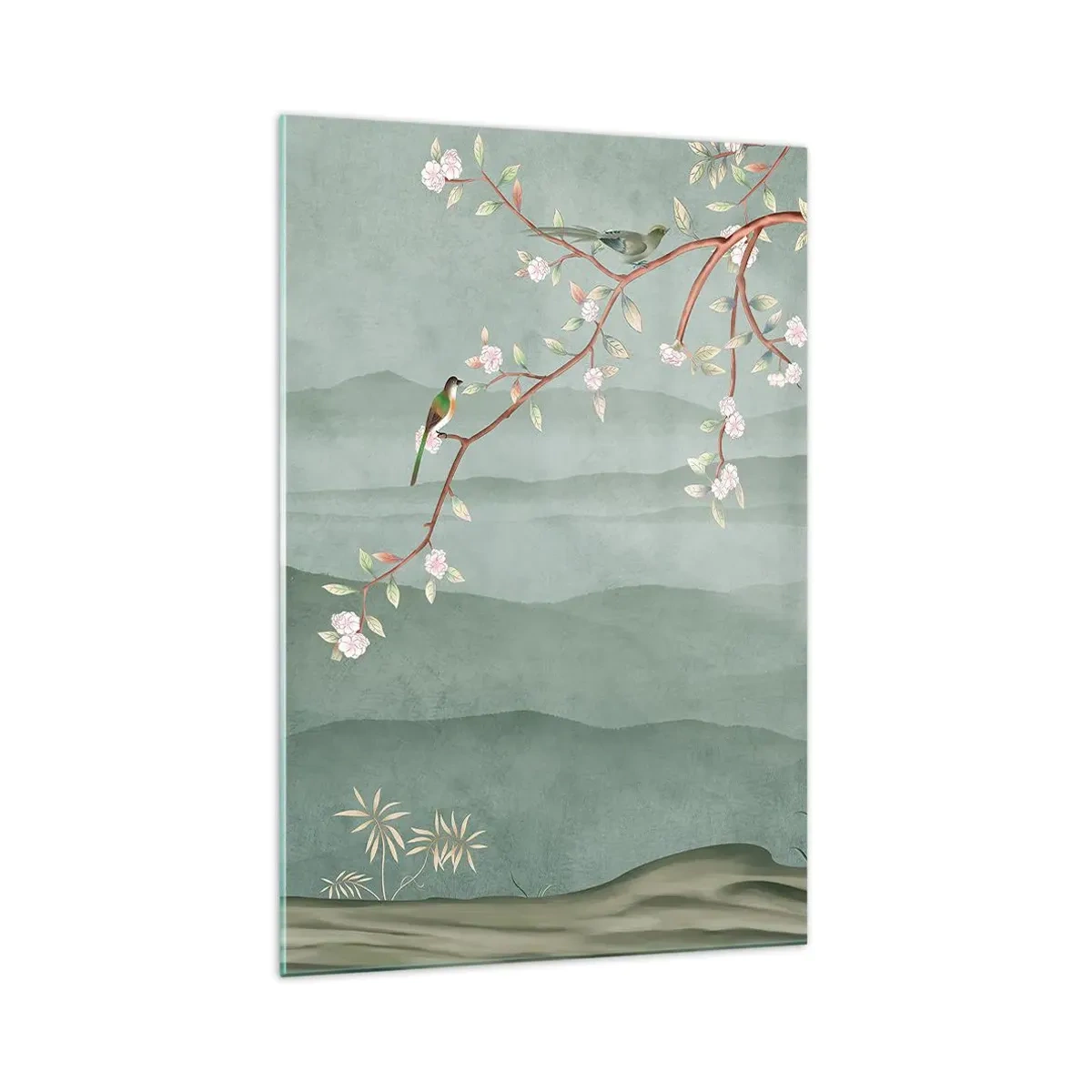 Cuadro sobre vidrio - Impresiones sobre Vidrio - Una imagen pintoresca de la rama de un árbol en flor con pájaros sobre un fondo de colinas verdes. - 70x100cm - Primavera, ah, eres tú - Decoración de pared moderna para salón y dormitorio ARTTOR