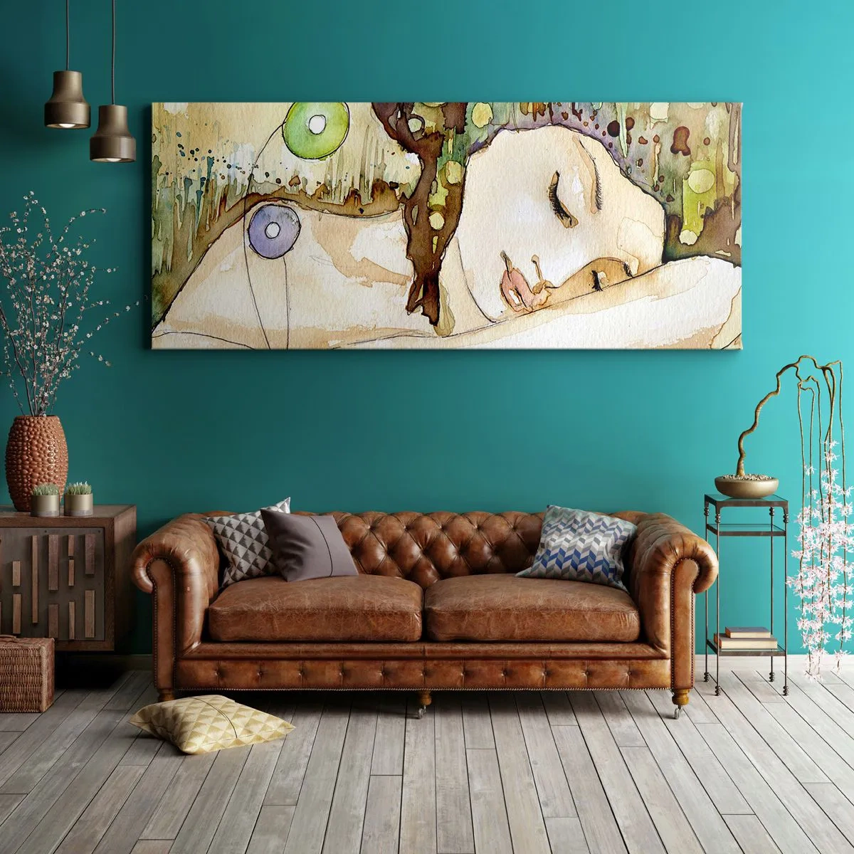 Cuadro sobre lienzo - Impresión de Imagen - Una mujer soñando rodeada de formas y colores abstractos. - 160x50cm - Sueño esmeralda y violeta - Decoración de pared moderna para salón y dormitorio ARTTOR