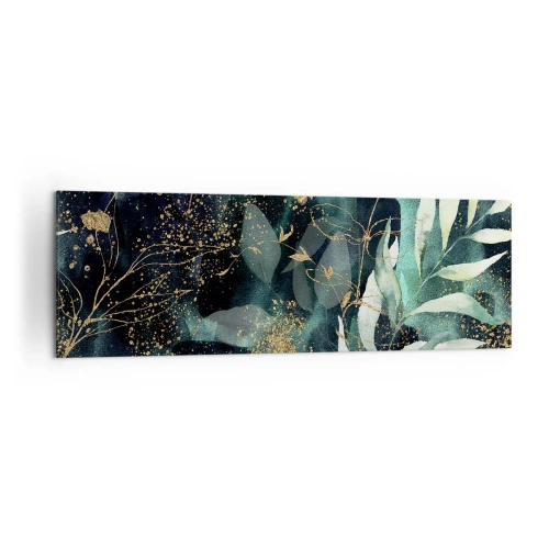 Cuadro sobre lienzo - Impresión de Imagen - Hojas elegantes sobre un fondo oscuro con acentos dorados. - 160x50cm - Jardín encantado - Decoración de pared moderna para salón y dormitorio ARTTOR