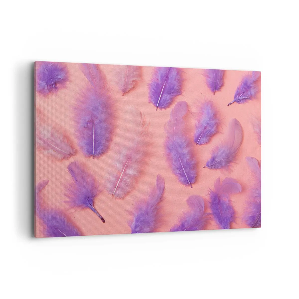 Cuadro sobre lienzo - Impresión de Imagen - Plumas moradas y rosas sobre un fondo pastel. - 100x70cm - Un pájaro lila del deseo - Decoración de pared moderna para salón y dormitorio ARTTOR