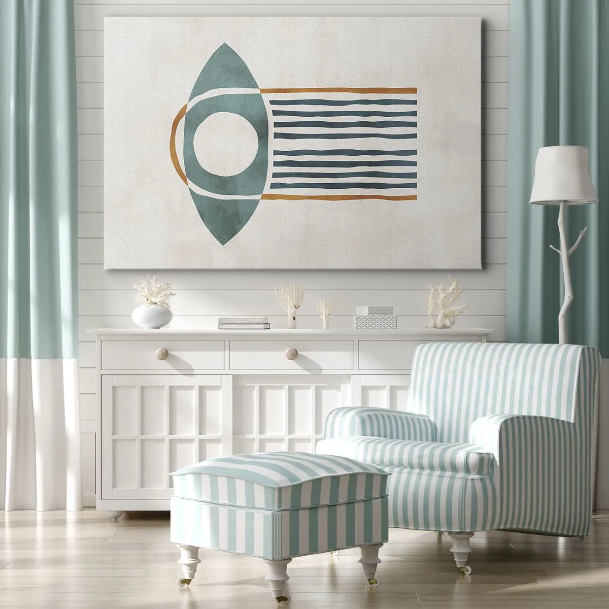 Cuadro sobre lienzo - Impresión de Imagen - Patrón geométrico en tonos verdes y naranjas. - 70x50cm - Signos y rituales - Decoración de pared moderna para salón y dormitorio ARTTOR