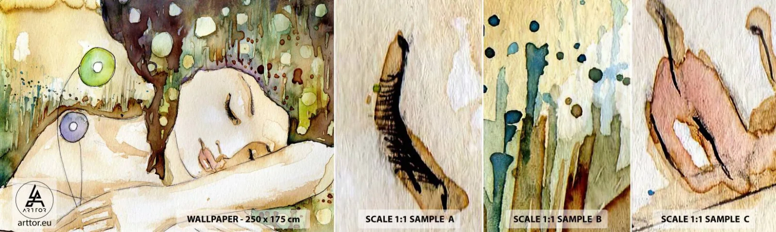 Muestra de fotomural autoadhesivo Deluxe Sticker - Sueño esmeralda y violeta - Abstracción, Mujer, Ilustración - 100x30 cm