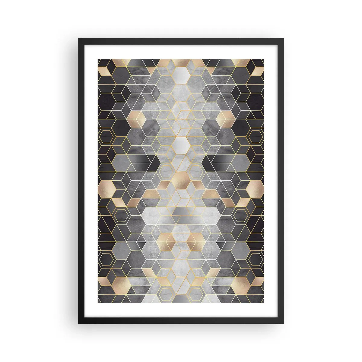 Póster en marco negro - Patrón hexagonal geométrico en tonos dorados y grises. - 50x70cm - Composición de diamantes - Decoración de pared moderna para salón y dormitorio ARTTOR