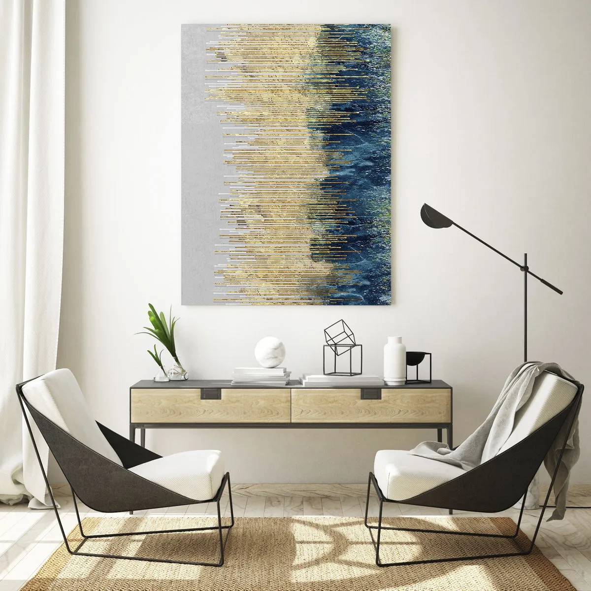Cuadro sobre vidrio - Impresiones sobre Vidrio - Líneas verticales doradas sobre un fondo de bosque azul oscuro - 50x70cm - Frontera de líneas doradas - Decoración de pared moderna para salón y dormitorio ARTTOR