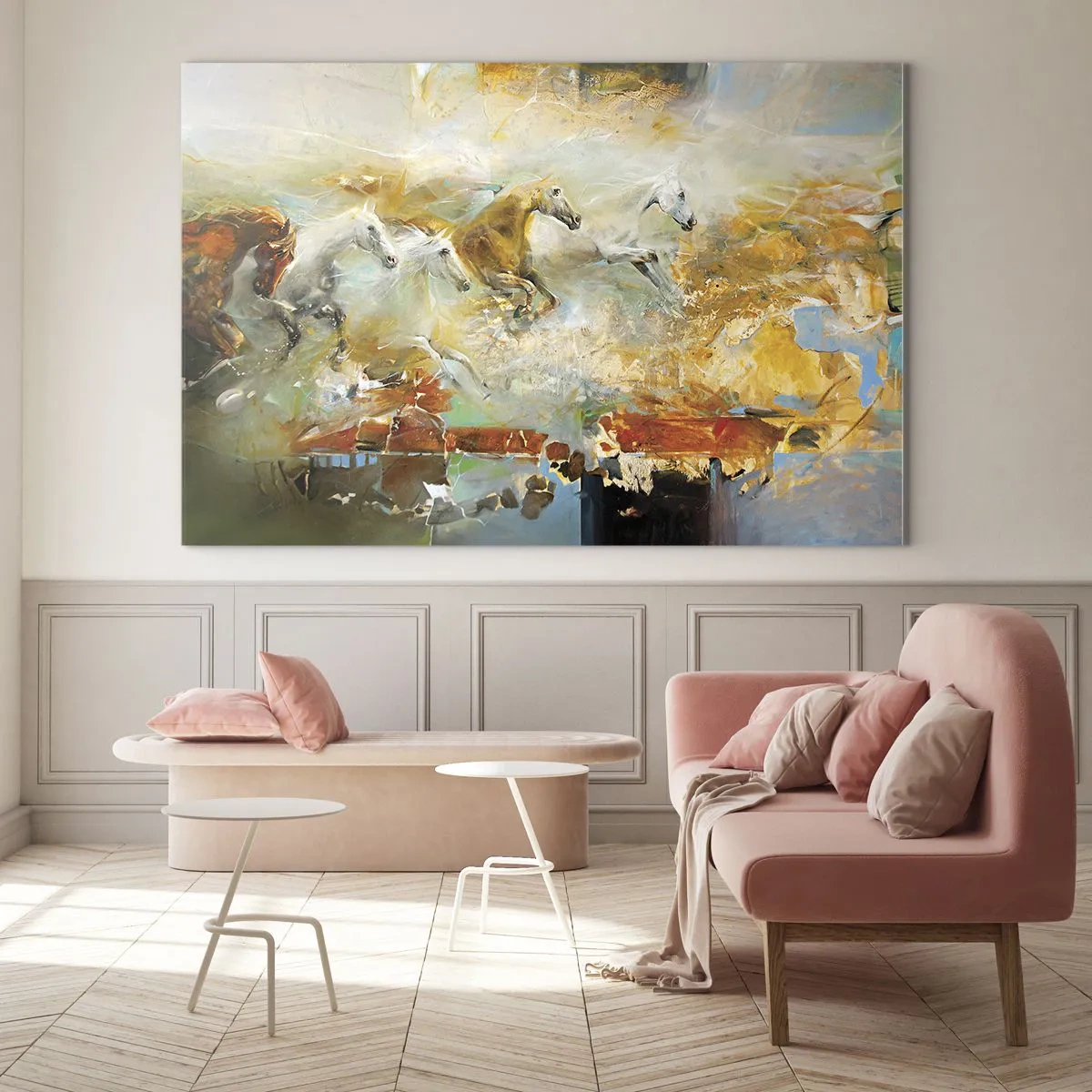 Cuadro sobre vidrio - Impresiones sobre Vidrio - Caballos abstractos en movimiento dinámico - 70x50cm - Galopando a través de la luz - Decoración de pared moderna para salón y dormitorio ARTTOR