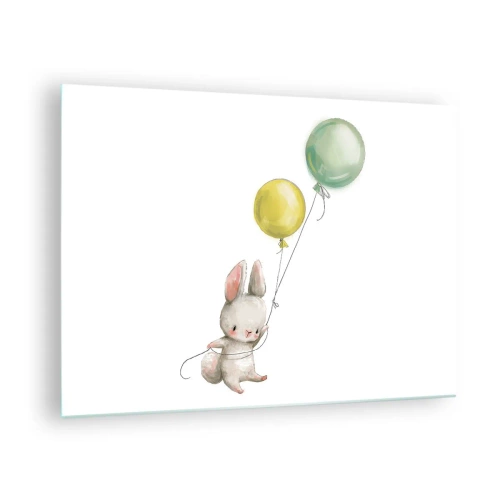 Cuadro sobre vidrio - Impresiones sobre Vidrio - Un conejito sosteniendo dos globos. - 70x50cm - ¡Yo también volaré! - Decoración de pared moderna para salón y dormitorio ARTTOR
