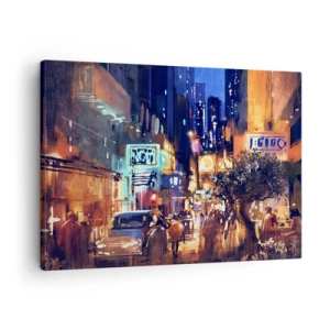 Cuadro sobre lienzo - Impresión de Imagen - Paisaje urbano vespertino de estilo impresionista - 70x50cm - Y la ciudad no duerme - Decoración de pared moderna para salón y dormitorio ARTTOR