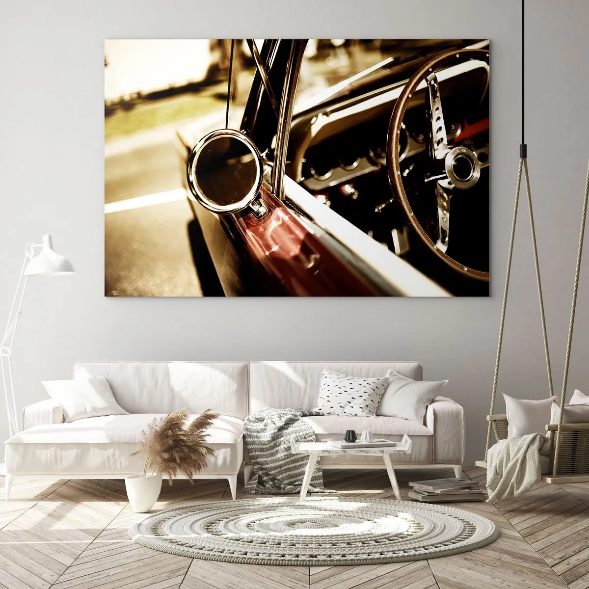 Cuadro sobre vidrio - Impresiones sobre Vidrio - Interior de coche clásico en estilo retro - 120x80cm - Un coche con alma - Decoración de pared moderna para salón y dormitorio ARTTOR