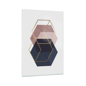 Cuadro sobre vidrio - Impresiones sobre Vidrio - Formas geométricas en líneas doradas sobre un fondo pastel. - 70x100cm - El poder de la sencillez - Decoración de pared moderna para salón y dormitorio ARTTOR