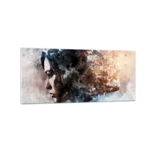 Cuadro sobre vidrio - Impresiones sobre Vidrio - Retrato de una mujer que combina su rostro con un paisaje urbano de fondo. - 120x50cm - Una historia sobre una niña con una ciudad de fondo - Decoración de pared moderna para salón y dormitorio ARTTOR