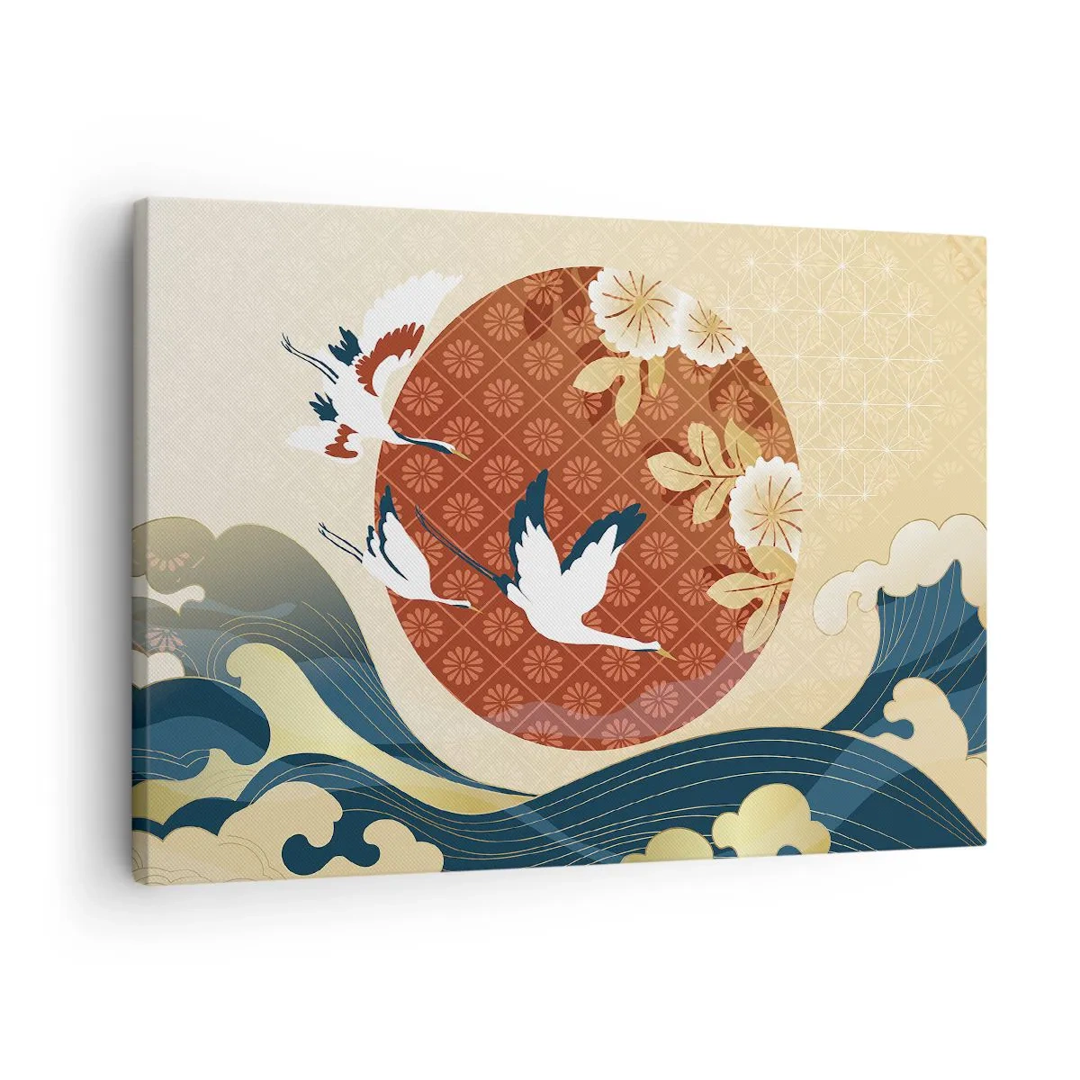 Cuadro sobre lienzo - Impresión de Imagen - Composición japonesa con grullas y olas. - 70x50cm - Un cuento de hadas japonés - Decoración de pared moderna para salón y dormitorio ARTTOR