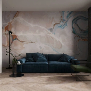 Fotomural Premium Sand - Textura de mármol abstracta en tonos claros. - 100x70cm - El azul serpentea por el blanco - Decoración de pared moderna para salón y dormitorio ARTTOR