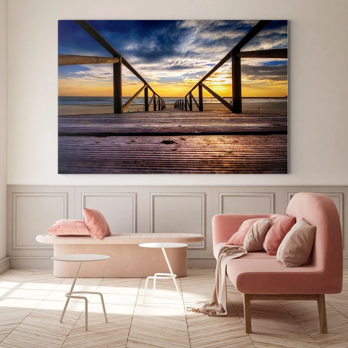 Cuadro sobre vidrio - Impresiones sobre Vidrio - Muelle que conduce a la playa al atardecer - 70x50cm - Directamente hacia una playa tranquila al atardecer - Decoración de pared moderna para salón y dormitorio ARTTOR