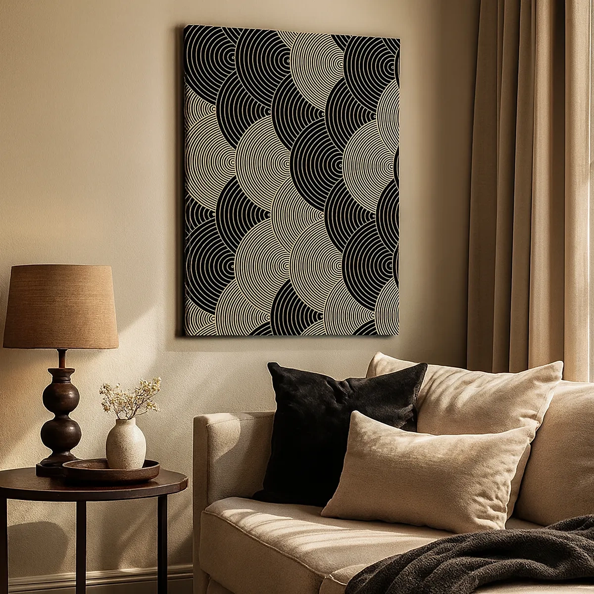 Cuadro sobre lienzo - Impresión de Imagen - Patrón Art Déco con semicírculos y líneas doradas. - 50x70cm - Multiplicación de la unidad - Decoración de pared moderna para salón y dormitorio ARTTOR