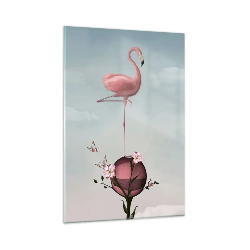 Cuadro sobre vidrio - Impresiones sobre Vidrio - Un flamenco rosado balanceándose sobre una bola de flores. - 80x120cm - Alegoría del baloncesto - Decoración de pared moderna para salón y dormitorio ARTTOR