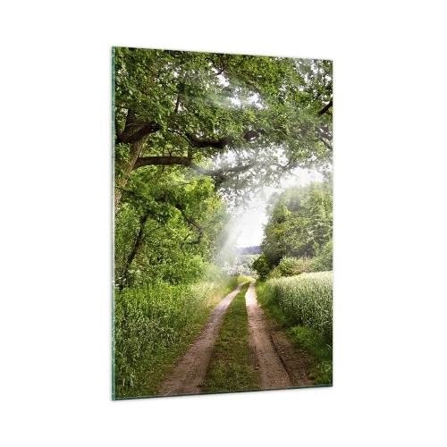Cuadro sobre vidrio - Impresiones sobre Vidrio - Un camino forestal rodeado de vegetación bajo los rayos del sol. - 50x70cm - Ensueño - Decoración de pared moderna para salón y dormitorio ARTTOR