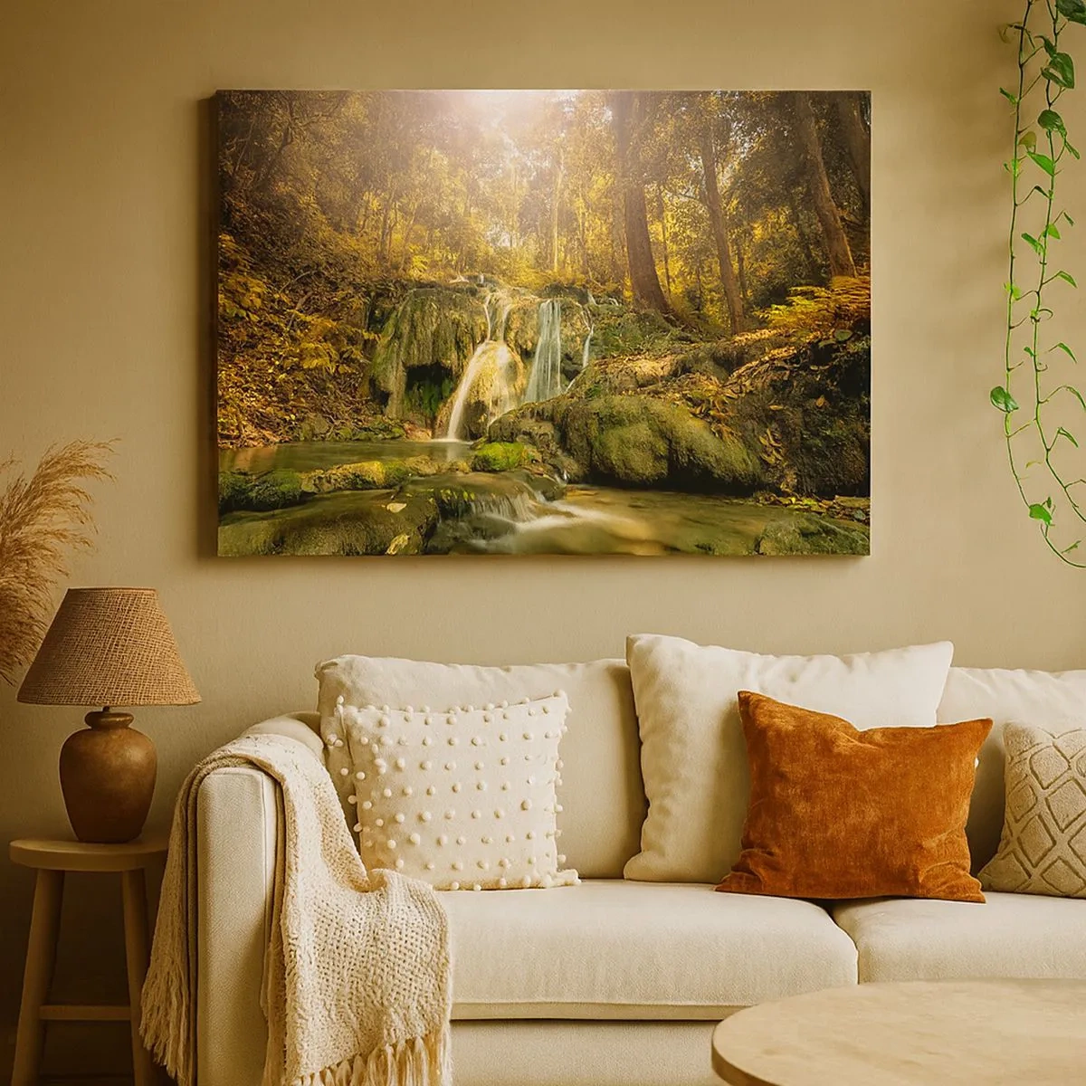 Cuadro sobre lienzo - Impresión de Imagen - Una cascada forestal bajo los rayos del sol, rodeada de vegetación. - 70x50cm - Cascada forestal en verde - Decoración de pared moderna para salón y dormitorio ARTTOR
