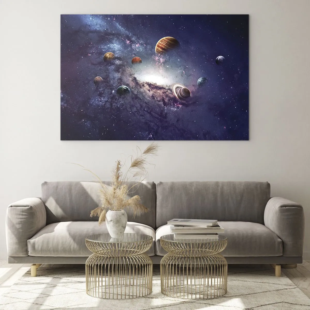 Cuadro sobre vidrio - Impresiones sobre Vidrio - Una visión fantasiosa de planetas girando en el espacio. - 120x80cm - La danza alrededor del Sol - Decoración de pared moderna para salón y dormitorio ARTTOR