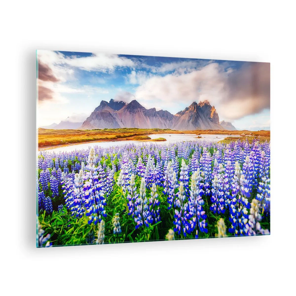 Cuadro sobre vidrio - Impresiones sobre Vidrio - Un paisaje de montaña con un prado florido y picos majestuosos. - 70x50cm - La fuerza y la severidad junto a la dulzura - Decoración de pared moderna para salón y dormitorio ARTTOR