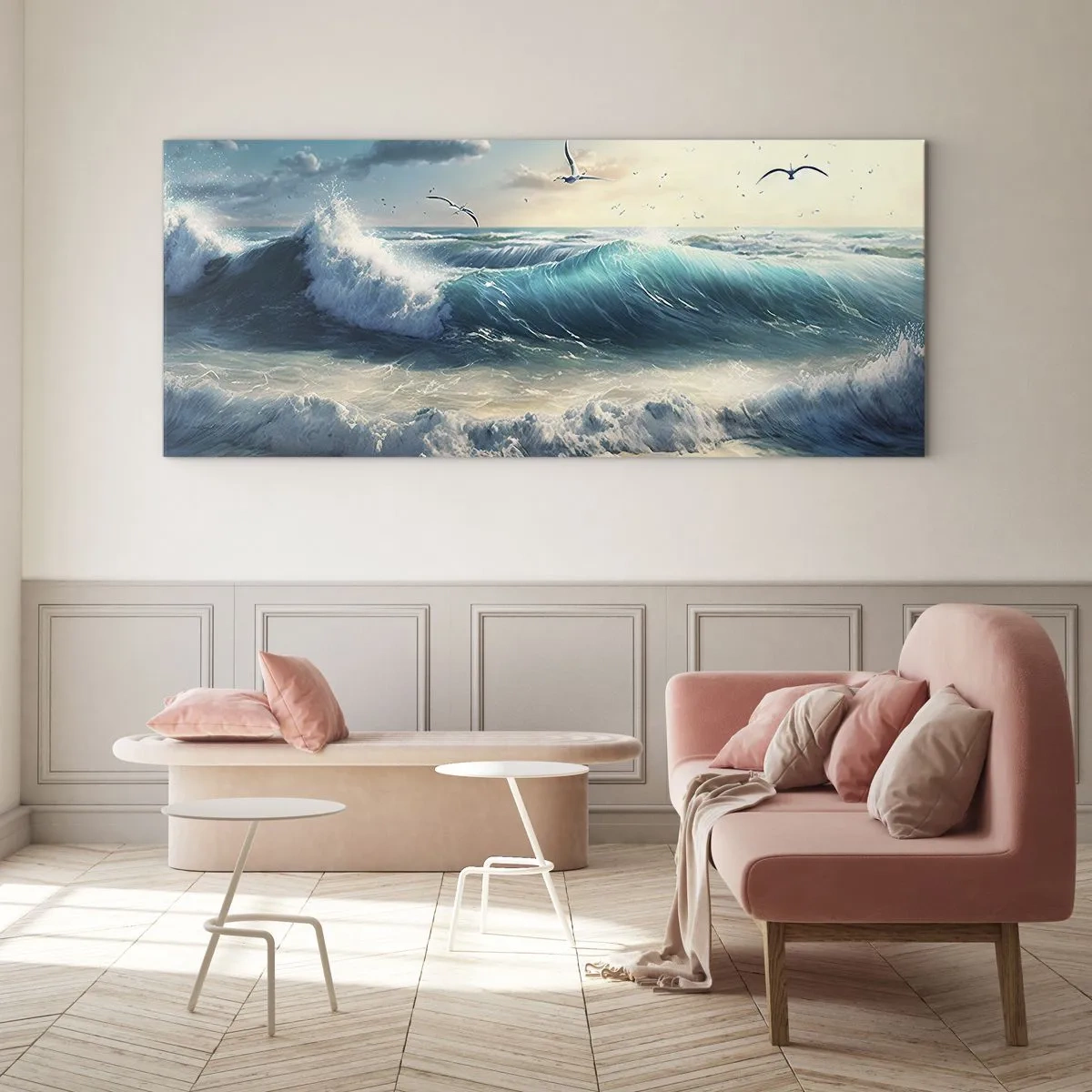 Cuadro sobre vidrio - Impresiones sobre Vidrio - Olas del mar en la playa bajo un cielo azul con gaviotas - 160x50cm - La brisa solo para ti - Decoración de pared moderna para salón y dormitorio ARTTOR