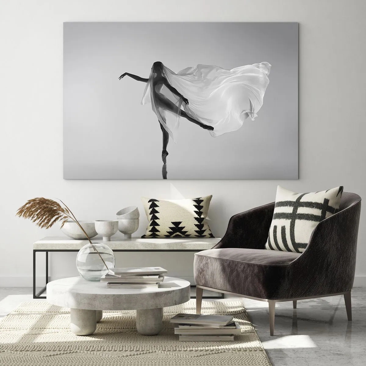 Cuadro sobre vidrio - Impresiones sobre Vidrio - Silueta de una bailarina con un velo flotante en movimiento. - 120x80cm - Ligereza y gracia - Decoración de pared moderna para salón y dormitorio ARTTOR