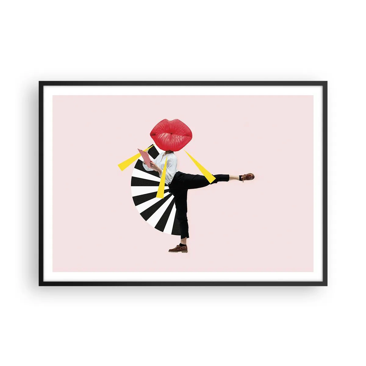 Póster en marco negro - Figura surrealista con boca y elementos geométricos. - 100x70cm - Arte pop surrealista - Decoración de pared moderna para salón y dormitorio ARTTOR