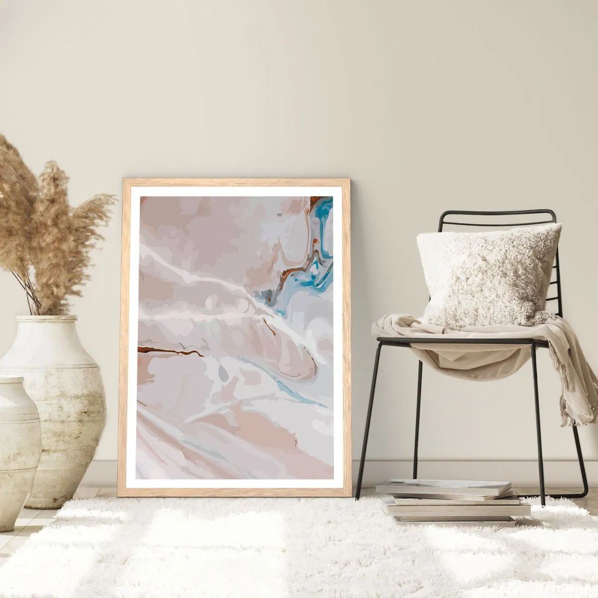 Póster en marco roble claro - El azul serpentea por el blanco - 70x100 cm