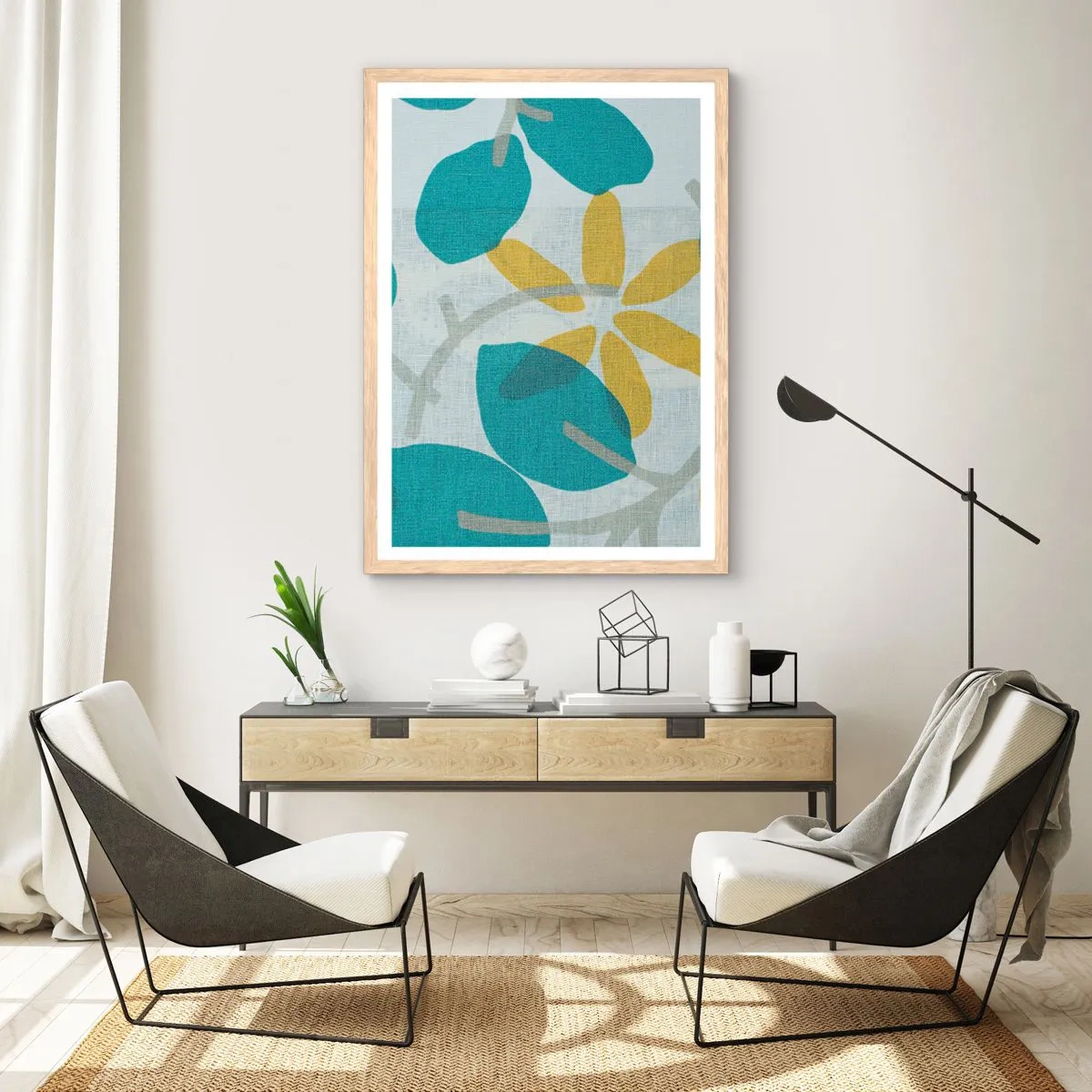 Póster en marco roble claro - Entre hojas azules - 61x91 cm