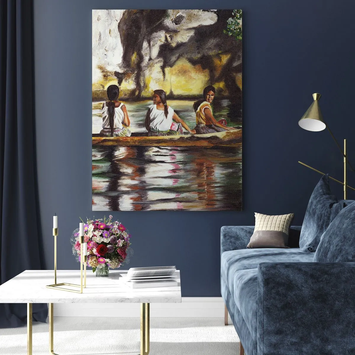Cuadro sobre vidrio - Impresiones sobre Vidrio - Mujeres en un barco con el telón de fondo de pintorescas rocas y agua. - 50x70cm - En un paraíso polinesio - Decoración de pared moderna para salón y dormitorio ARTTOR