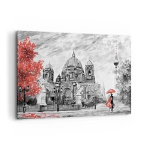 Cuadro sobre lienzo - Impresión de Imagen - Escena en blanco y negro con Berlín, un paraguas rojo y un árbol. - 120x80cm - Reunión en Berlín - Decoración de pared moderna para salón y dormitorio ARTTOR