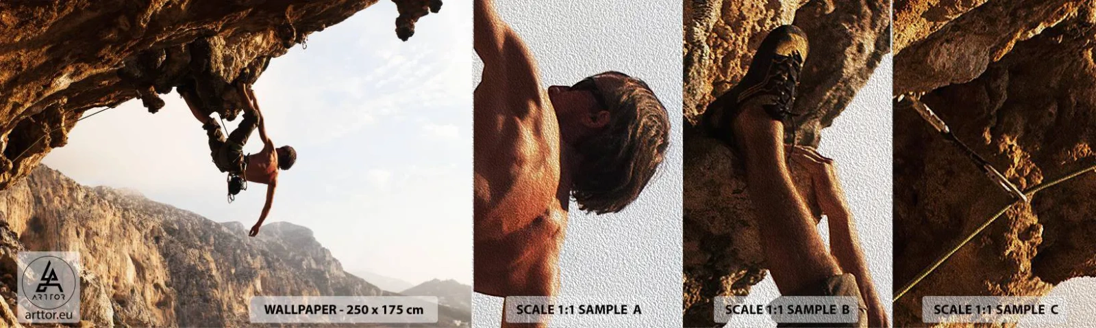 Muestra de fotomural Premium Sand - Un mundo en la roca - Isla de Kálimnos, Escalada de roca, Paisaje - 100x30 cm