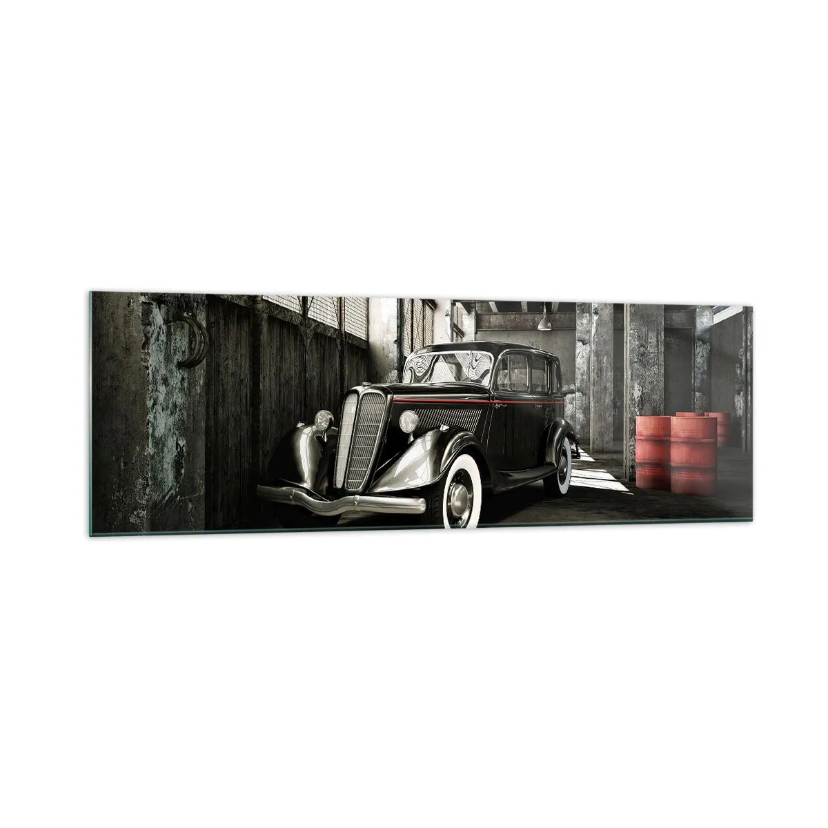 Cuadro sobre vidrio - Impresiones sobre Vidrio - Un elegante coche retro en un almacén rústico - 160x50cm - La elegancia perdurable de los años 30. - Decoración de pared moderna para salón y dormitorio ARTTOR