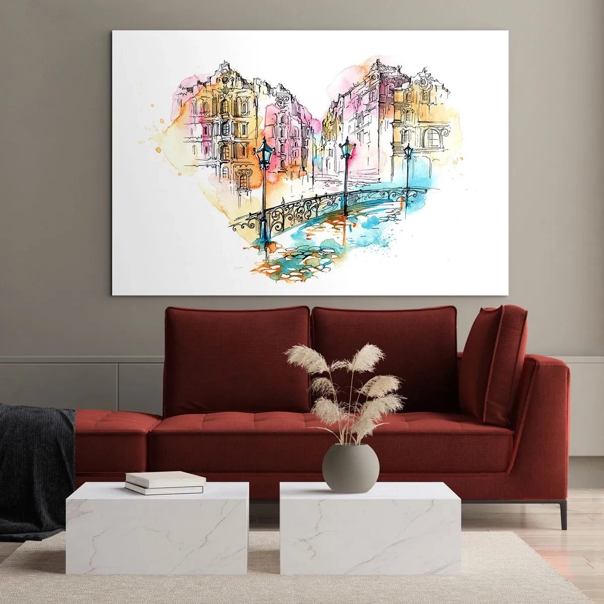 Cuadro sobre vidrio - Impresiones sobre Vidrio - Casas de vecindad románticas con un puente en forma de corazón, acuarela - 70x50cm - El corazón de la ciudad - Decoración de pared moderna para salón y dormitorio ARTTOR