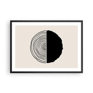 Póster en marco negro - Un motivo abstracto en blanco y negro inspirado en una sección transversal de madera con una división geométrica. - 70x50cm - Mitad y mitad - Decoración de pared moderna para salón y dormitorio ARTTOR