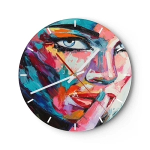 Reloj de pared - Reloj de vidrio - Retrato de una mujer en estilo abstracto con colores vivos. - 30x30cm - Nuestro primer secreto - Decoración de pared moderna para salón, cocina y dormitorio ARTTOR