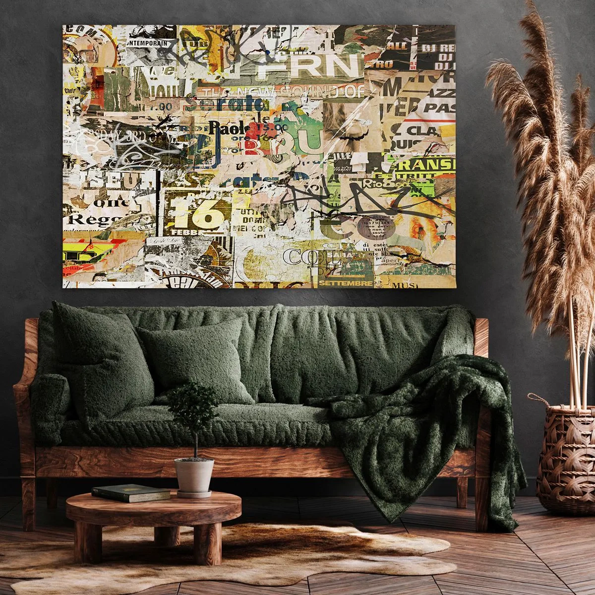 Cuadro sobre lienzo - Impresión de Imagen - Un collage de fragmentos de periódicos y carteles en estilo artístico. - 70x50cm - Oh, está sucediendo... - Decoración de pared moderna para salón y dormitorio ARTTOR