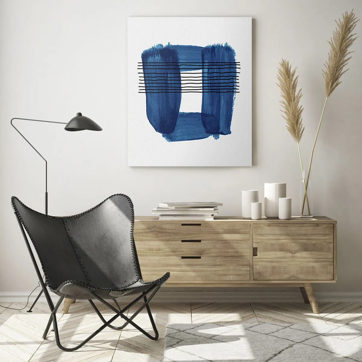 Cuadro sobre vidrio - Impresiones sobre Vidrio - Patrón abstracto en tonos azules con líneas negras. - 70x100cm - Composición azul y negra - Decoración de pared moderna para salón y dormitorio ARTTOR