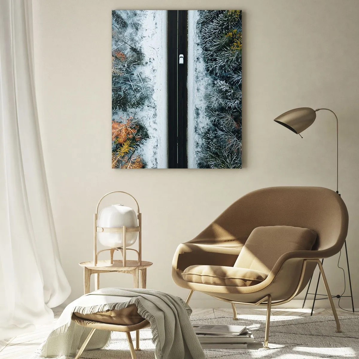 Cuadro sobre vidrio - Impresiones sobre Vidrio - Un camino a través de un bosque invernal visto a vista de pájaro - 80x120cm - Atravesar el bosque en invierno - Decoración de pared moderna para salón y dormitorio ARTTOR