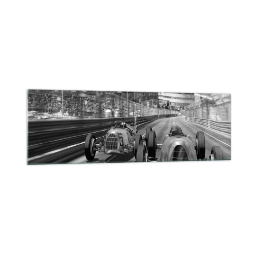 Cuadro sobre vidrio - Impresiones sobre Vidrio - Escena de carrera de coches retro monocromática - 160x50cm - Érase una vez en Montecarlo - Decoración de pared moderna para salón y dormitorio ARTTOR