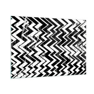 Cuadro sobre vidrio - Impresiones sobre Vidrio - Un patrón en zigzag en blanco y negro con una composición y textura dinámicas. - 100x70cm - Zig-blanco, zag-negro - Decoración de pared moderna para salón y dormitorio ARTTOR