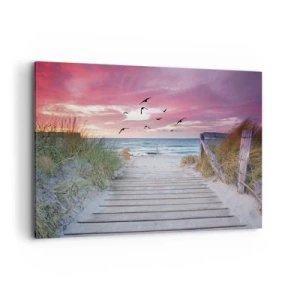 Cuadro sobre lienzo - Impresión de Imagen - Camino de madera en la playa al atardecer rosa - 100x70cm - Impresión del Báltico - Decoración de pared moderna para salón y dormitorio ARTTOR