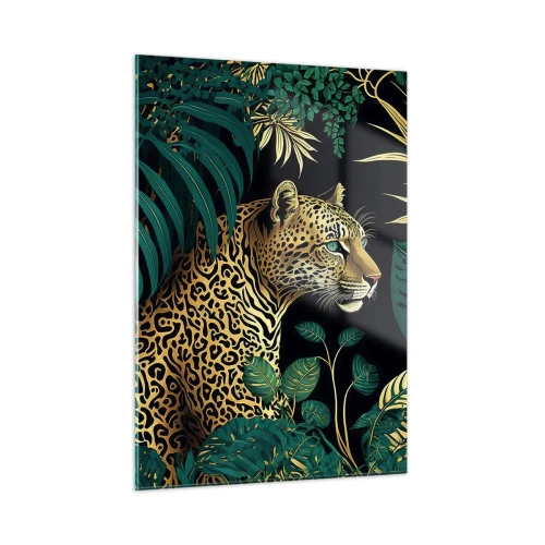 Cuadro sobre vidrio - Impresiones sobre Vidrio - Un leopardo entre hojas tropicales sobre un fondo oscuro. - 50x70cm - El anfitrión en la jungla - Decoración de pared moderna para salón y dormitorio ARTTOR