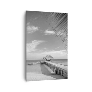 Cuadro sobre lienzo - Impresión de Imagen - Playa blanca y negra con muelle y palmeras en una costa tropical - 80x120cm - ¿Un recuerdo o un sueño? - Decoración de pared moderna para salón y dormitorio ARTTOR