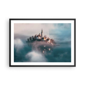 Póster en marco negro - Una isla pintoresca con una iglesia rodeada de niebla. - 70x50cm - Isla de los sueños - Decoración de pared moderna para salón y dormitorio ARTTOR