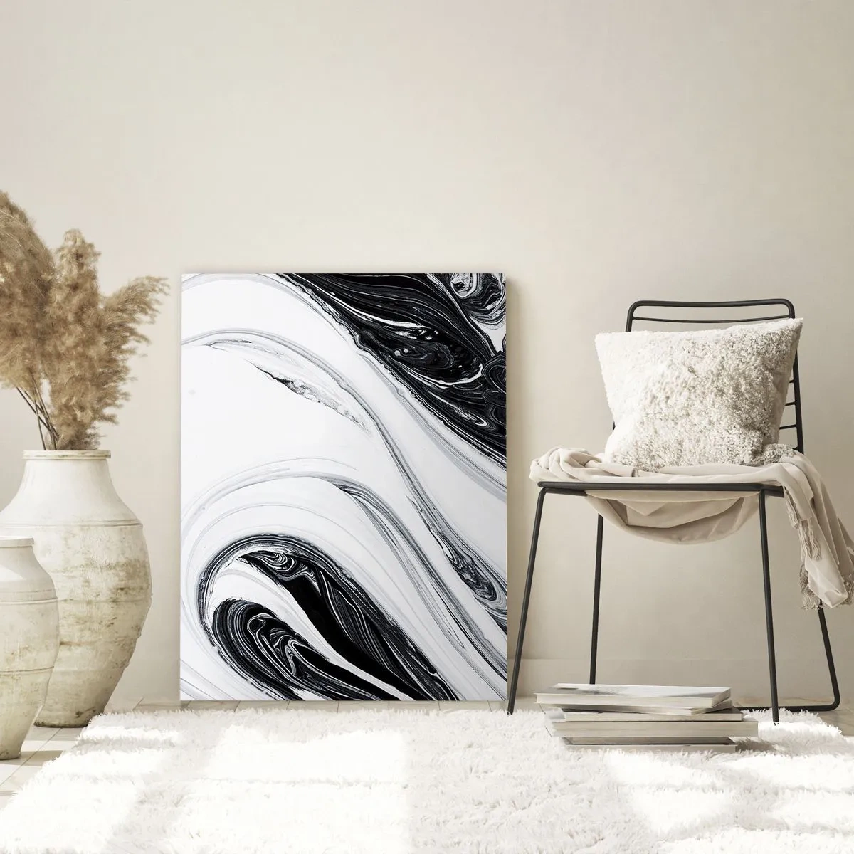 Cuadro sobre vidrio - Impresiones sobre Vidrio - Abstracción en blanco y negro con líneas dinámicas y remolinos. - 80x120cm - Combinando opuestos - Decoración de pared moderna para salón y dormitorio ARTTOR