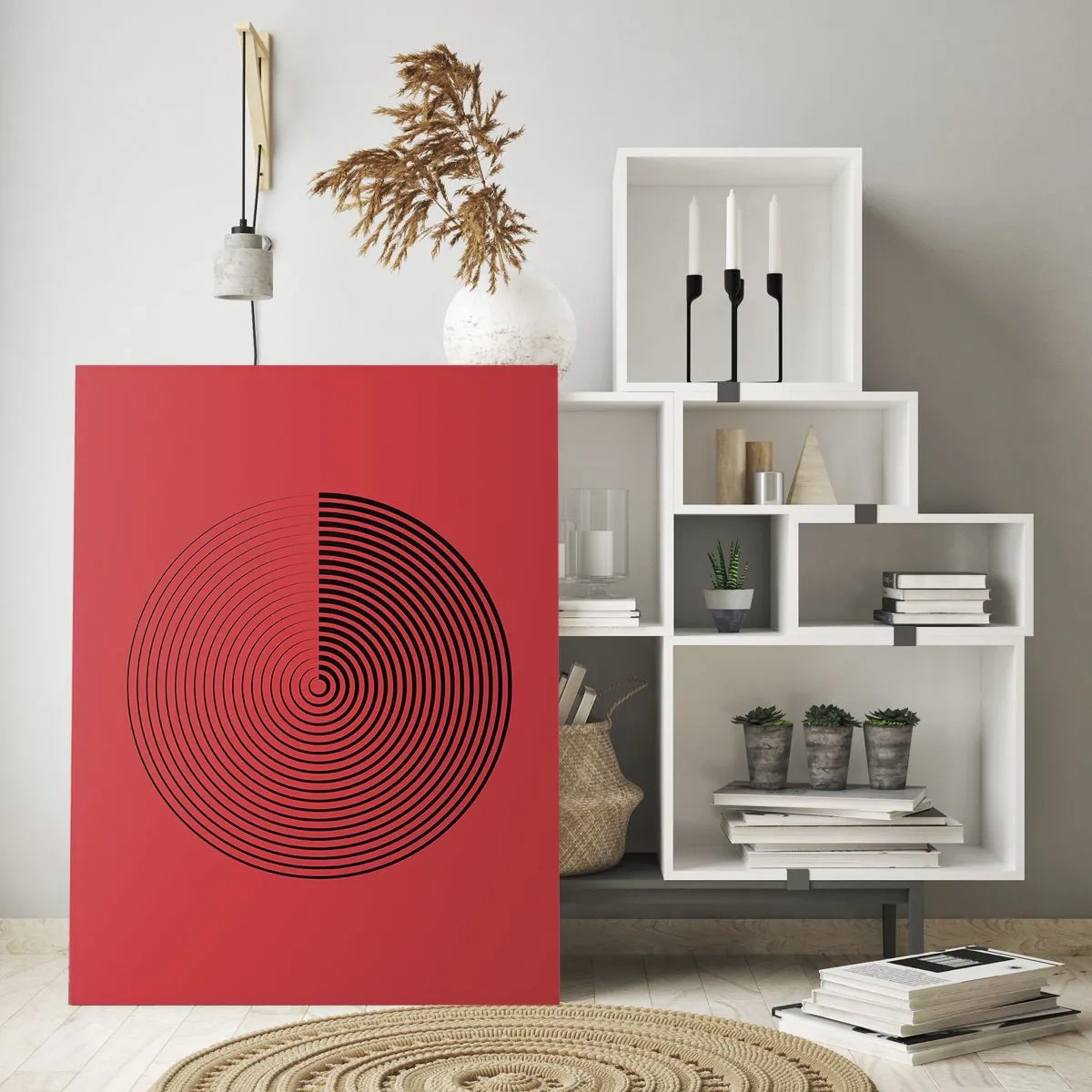 Cuadro sobre vidrio - Impresiones sobre Vidrio - Círculos concéntricos negros sobre fondo rojo - 50x70cm - Movimiento circular - Decoración de pared moderna para salón y dormitorio ARTTOR
