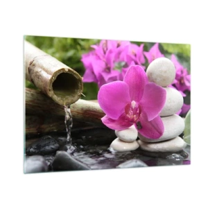 Cuadro sobre vidrio - Impresiones sobre Vidrio - Cascada de orquídeas moradas, piedras y bambú - 100x70cm - Ya estás descansando - Decoración de pared moderna para salón y dormitorio ARTTOR